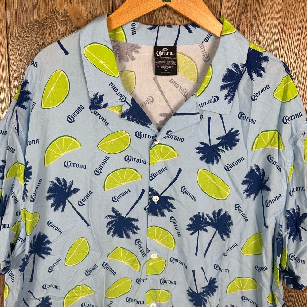 Corona Beer Lime Palm Trees Short Sleeve Button Up Shirt Rayon Mens Size XXL